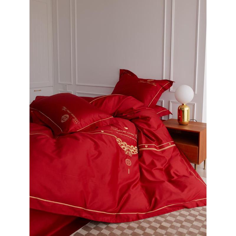 xyt如意！中式结婚四件套婚庆红色喜庆床单被套贡缎刺绣婚嫁床上