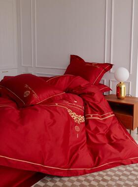 xyt如意！中式结婚四件套婚庆红色喜庆床单被套贡缎刺绣婚嫁床上