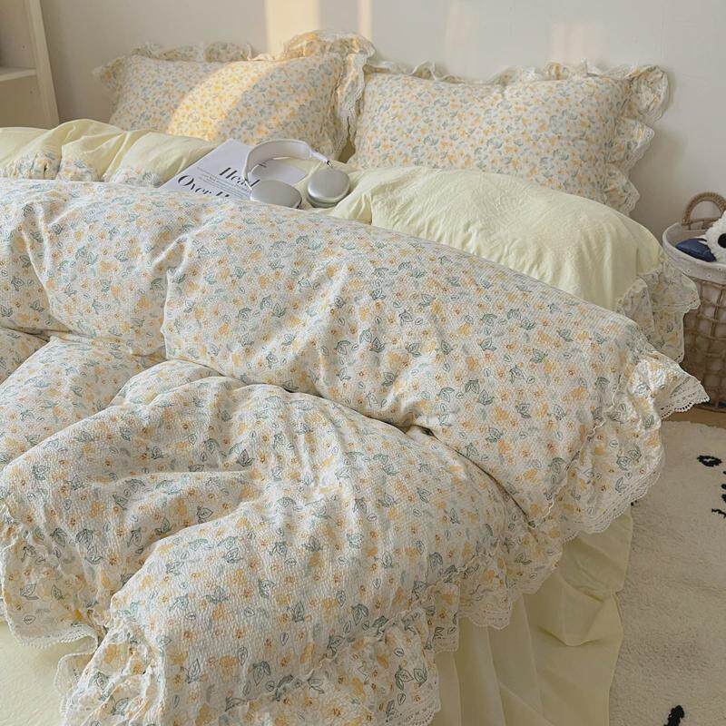 ri0t新款裸睡碎花水洗棉四件套夏天超柔床品三件套床裙泡泡棉床单