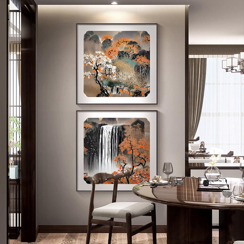 好货流水生财餐厅墙面挂画柿子饭桌背景墙壁画招财山水画茶室装饰