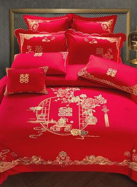 A6L140s支婚庆四件套刺绣婚房床上用品大红色喜被子结婚六十