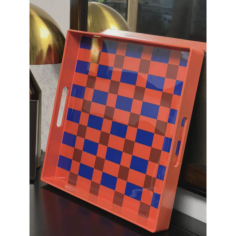 6b76中古扭曲黑白格子托盘托盘茶水客厅茶几装饰盘子长方形白色蓝