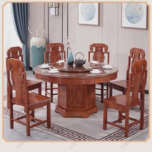 Y禊3纯实木餐桌椅组合10人大圆桌圆形带转盘吃饭桌8人6人中式雕花