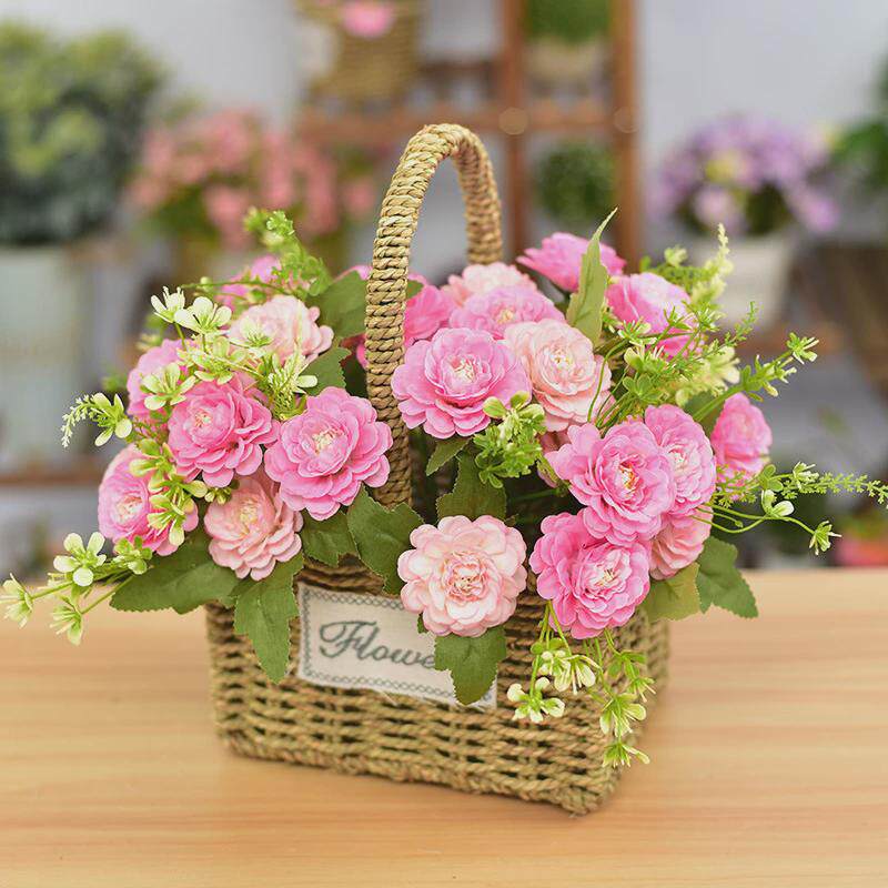 手工草编手提花篮编织篮田园风客厅装饰摆件插花篮假花仿真花套装