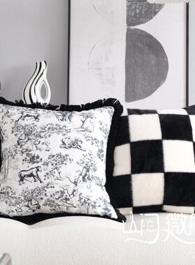 热销nn0i法式朱伊纹靠包复古黑色抱枕棋盘格靠枕编织皮革美式沙发