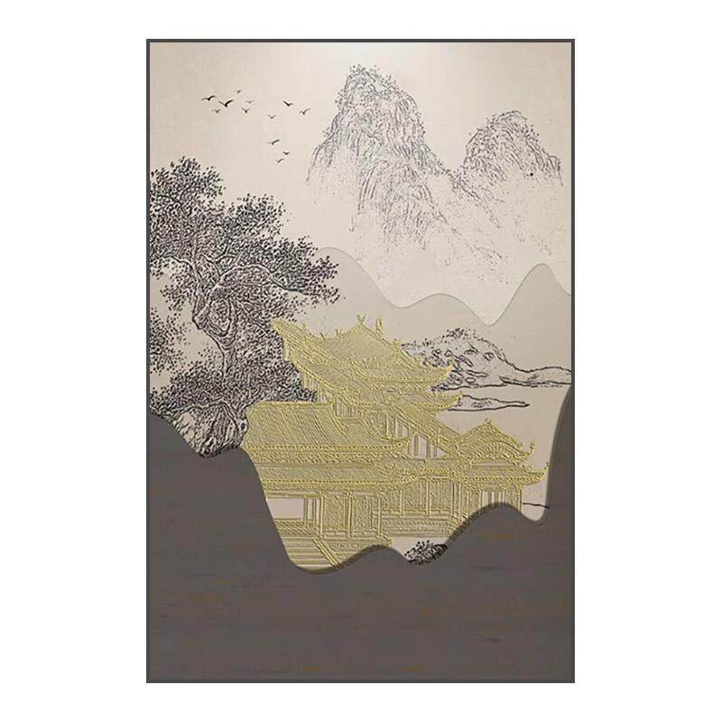 新中式古建筑样板间玄关装饰画山水客厅艺术现代背景墙壁轻奢挂画