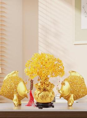 发财树摆件家居客厅酒柜电视柜新中式金鱼桌面装饰品乔迁新居送礼