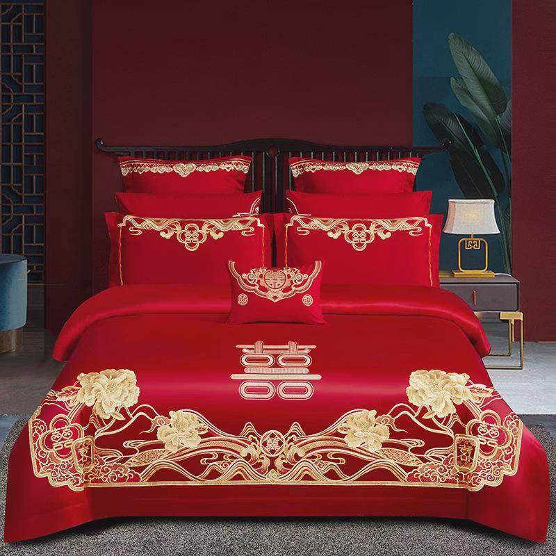 结婚庆床上四件套全棉大红色纯棉刺绣被罩床单式婚房喜庆4件床品,床上用品,婚庆床品套件,淘宝优惠券,粉丝福利购,淘宝优惠卷