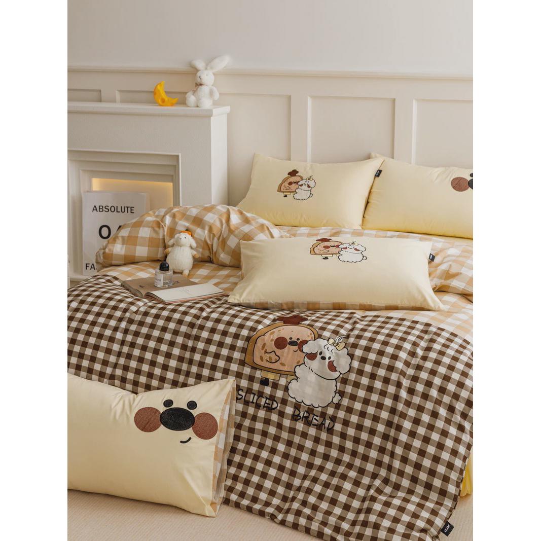 2024款小清新呆绣花拼色全棉卡通刺绣四件套ab版萌奶油色四件套