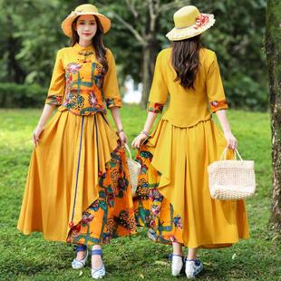 大码民族风套装春夏秋款盘扣印花松紧带两件套