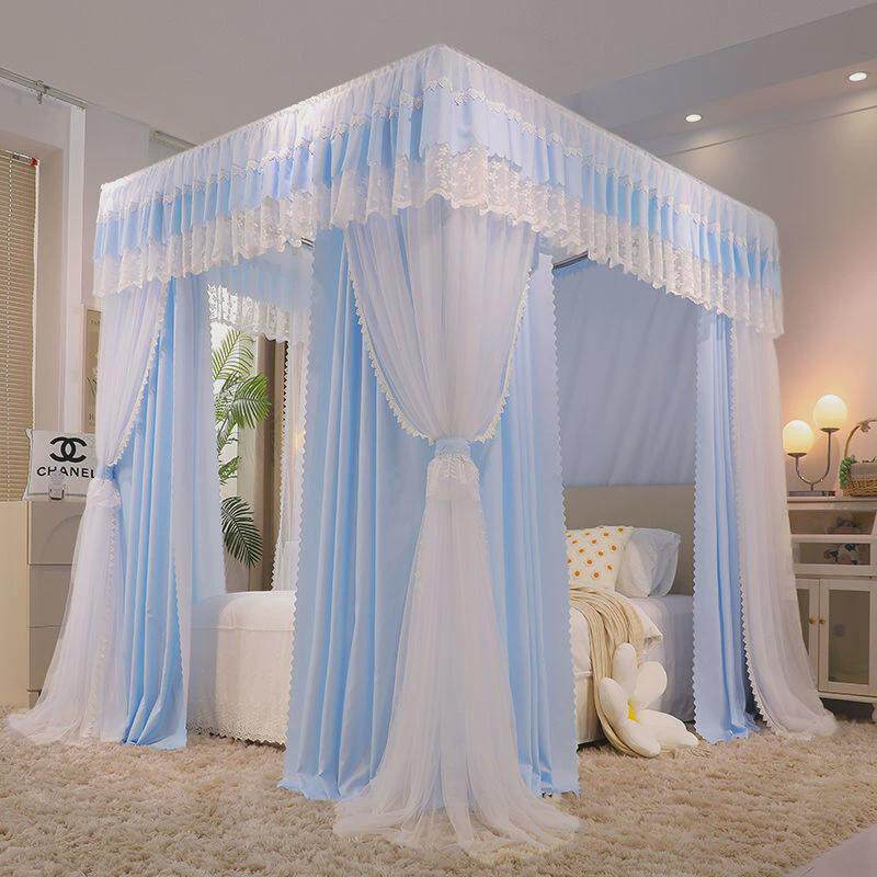 I9EK新款双层遮光床帘蚊帐一体式三开门布帘家用宫廷落地公主卧室