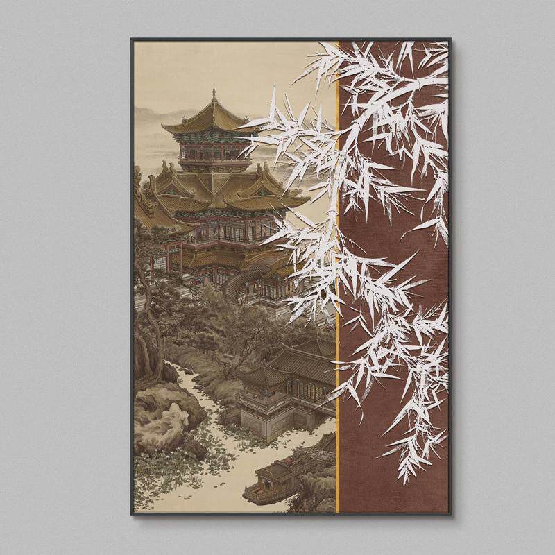 新中式玄关客厅山水国画餐厅走廊过道装饰画酒店饭店竖版红色壁画