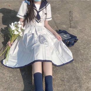 夏季新款甜美日系jk水手服收腰绣花女学生中长款百褶a字裙