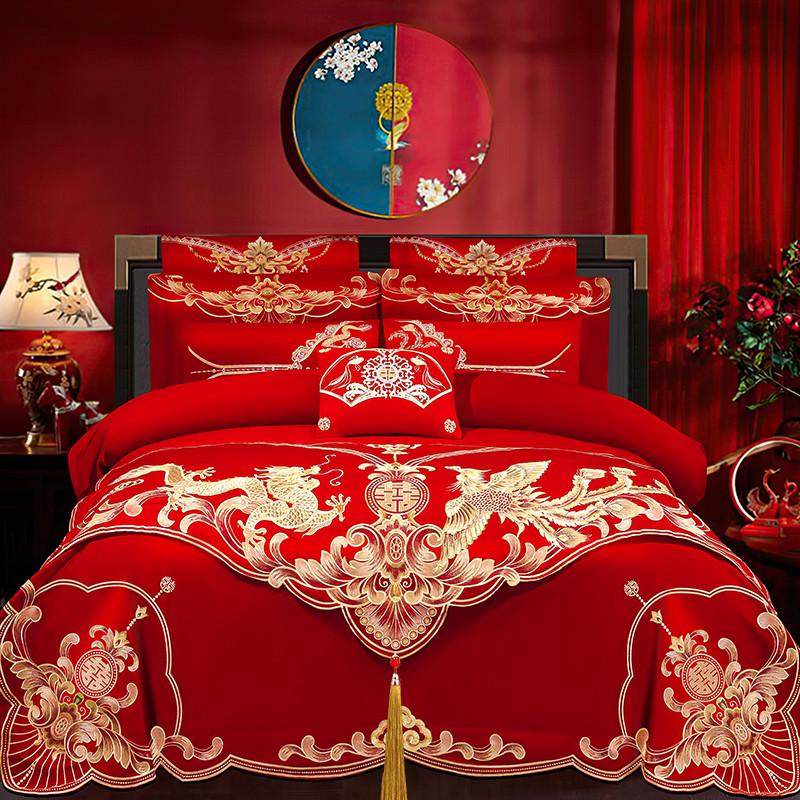 新婚庆四件套大红全棉刺绣结婚房嫁喜被龙凤纯棉六十件套床上用品,床上用品,婚庆床品套件,淘宝优惠券,粉丝福利购,淘宝优惠卷