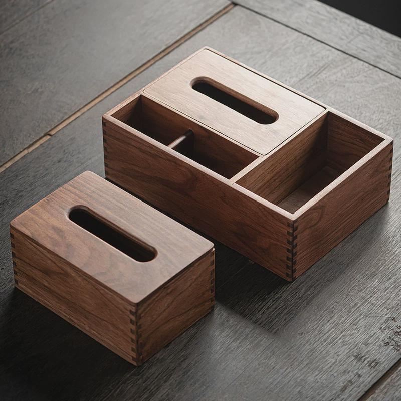 黑胡桃木纸巾盒简约家用客厅餐厅多功能一体抽纸盒原木桌面收纳盒
