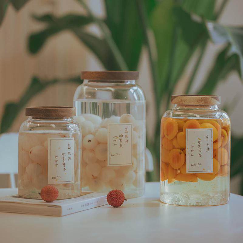 日系泡酒玻璃瓶带木盖青梅酒荔枝酒容器非密封罐小号果酒空酒瓶子