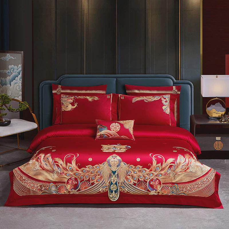 新品高端红色喜庆140支长绒棉贡缎婚庆四件套结婚六件套陪嫁床品