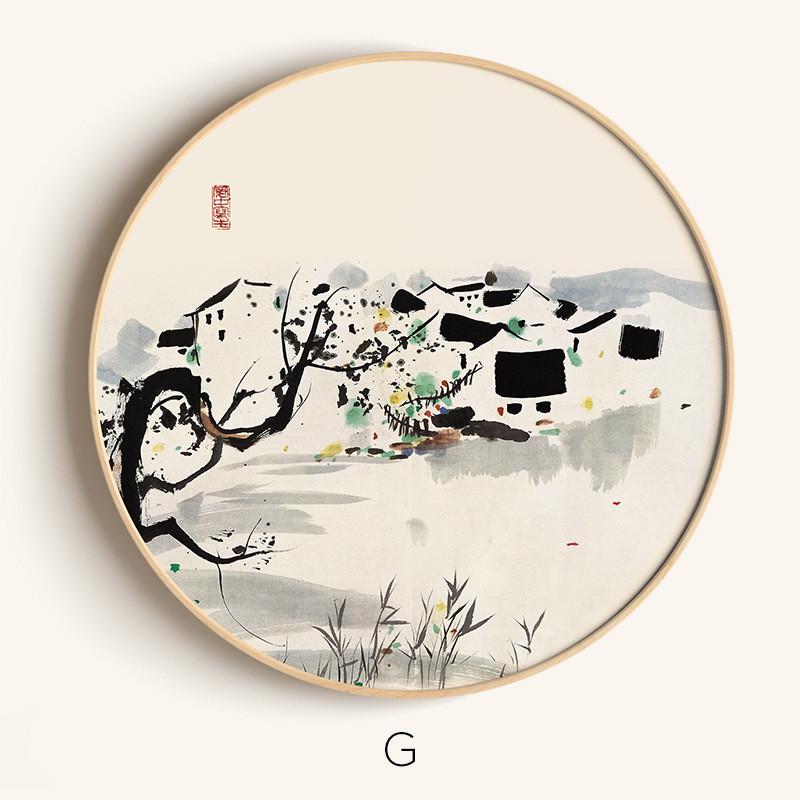 壁画新中式客厅装饰画圆形水墨画书房卧室风景挂画民宿茶室吴冠中图片