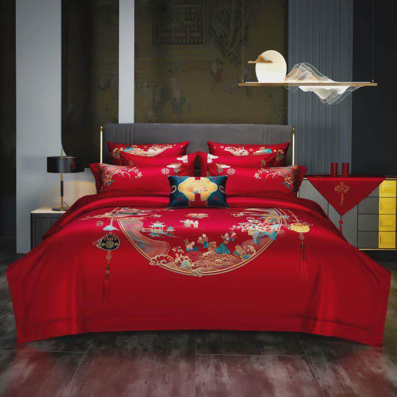 高定婚庆160支贡缎长绒棉刺绣四件套全棉结婚红色嫁婚庆床上用品,床上用品,婚庆床品套件,淘宝优惠券,粉丝福利购,淘宝优惠卷