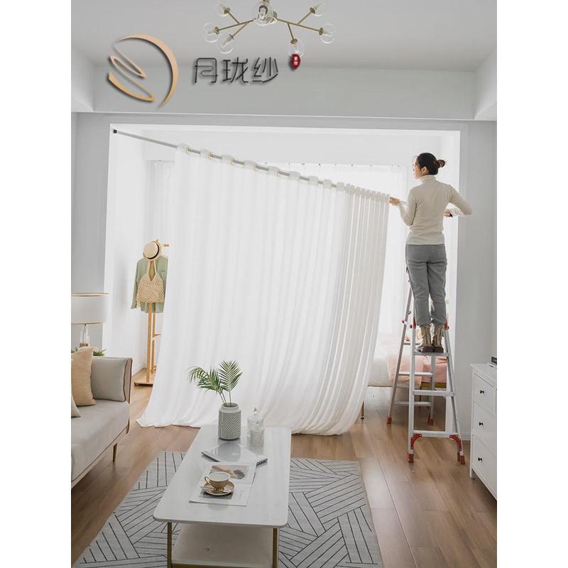 ll纱帘窗帘免打孔安装隔断帘伸缩杆门帘白色百叶窗纱白纱简易遮挡