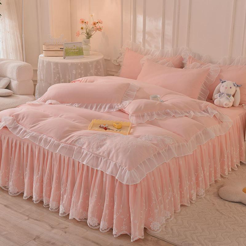 韩式公主风床裙被套四件套蕾丝款少女心全纯色床单水洗棉床上用品