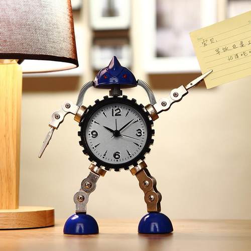 厂家直供金属机器人学生用卡通儿童静音闹钟创意可爱闹铃床头钟