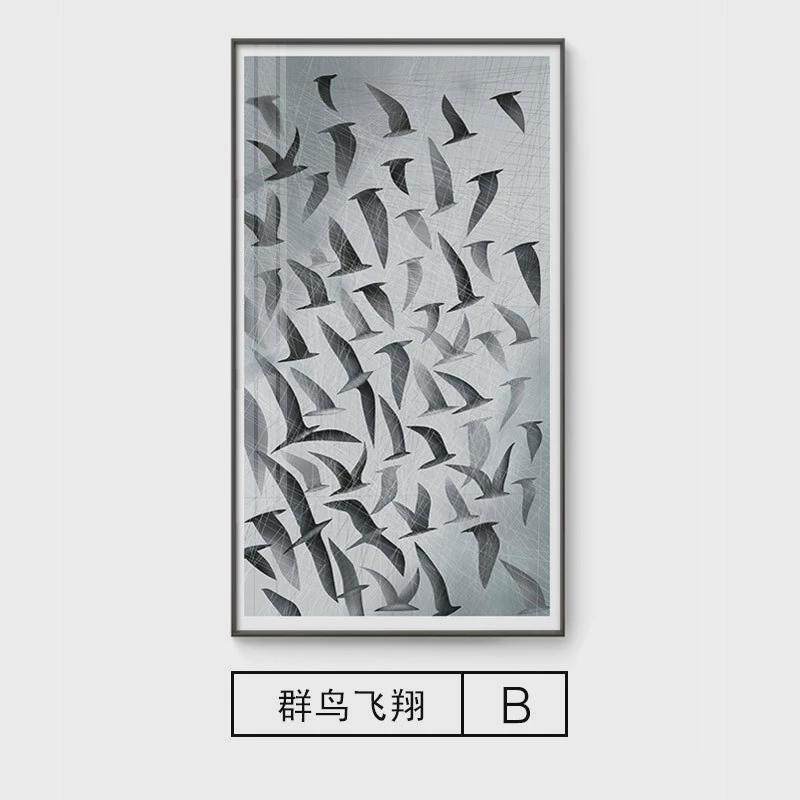 现代黑白艺术群鸟墙面挂画客厅装饰画玄关飞翔画书房大气北欧壁画