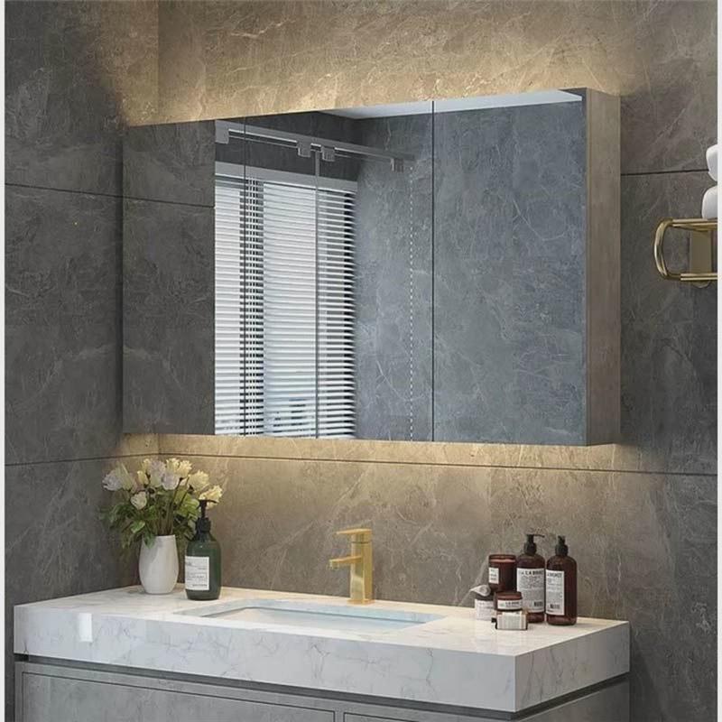 孔浴室镜柜带灯除雾人体感应卫生间实木储物带纸巾智能感应洗手液