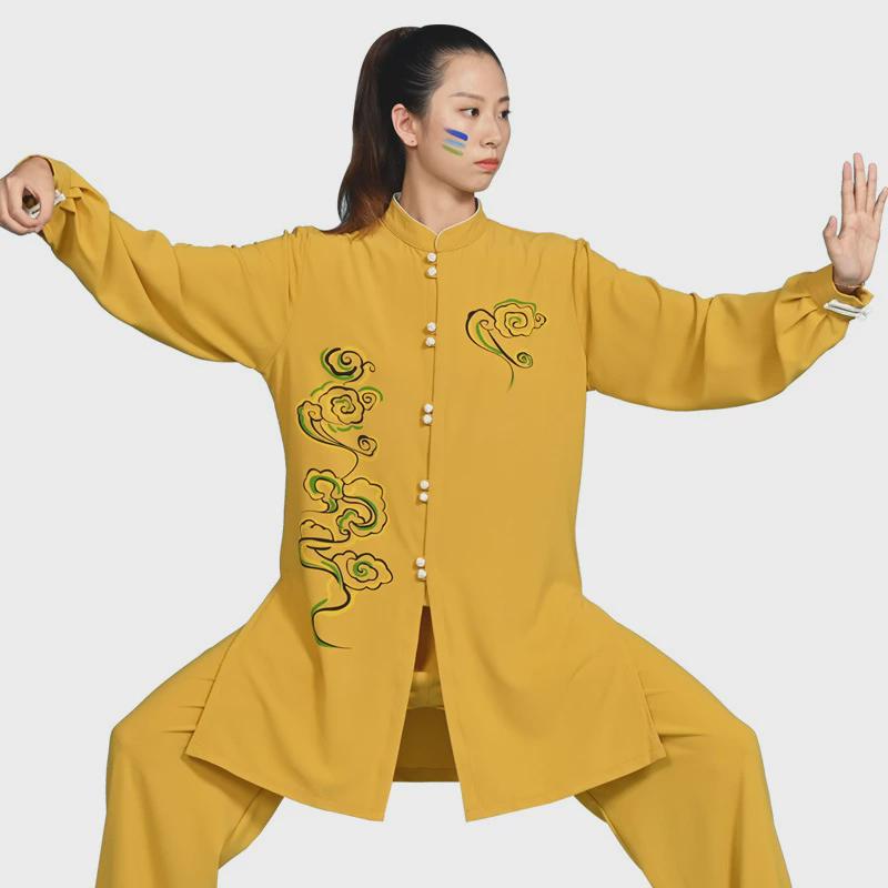 女式太极服秋季弹力麻手绘祥云长袖套装宽松透气武术训练表演服