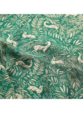 【金丝鹿】新款织金浮雕小鹿枝叶提花面料盒箱包饰品复古绿色布料