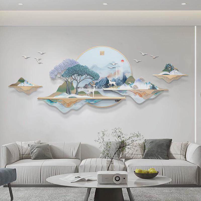 新中式客厅装饰画沙发背景墙挂画3d立体浮雕山水带灯光高档壁画