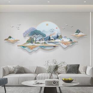 新中式客厅装饰画山3d立体浮雕沙发背景墙挂画水带灯光高档壁画