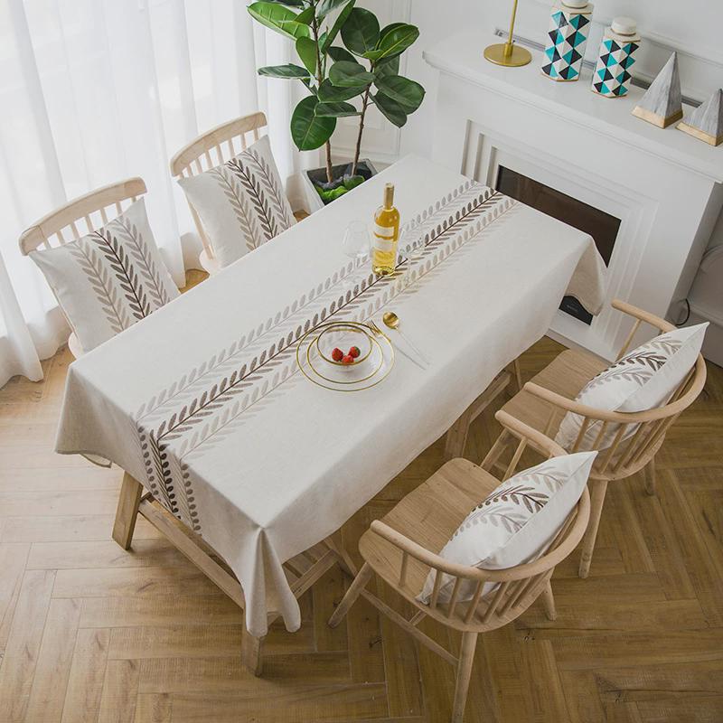 涤麻防水现代树叶餐桌布桌旗绣花几何桌布长方形茶几台布花朵