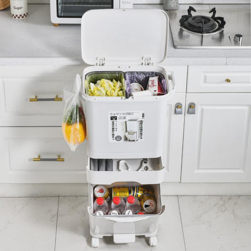 垃圾创意厨房垃圾桶厨余家用干湿分类三层可移动按压垃圾桶高颜值