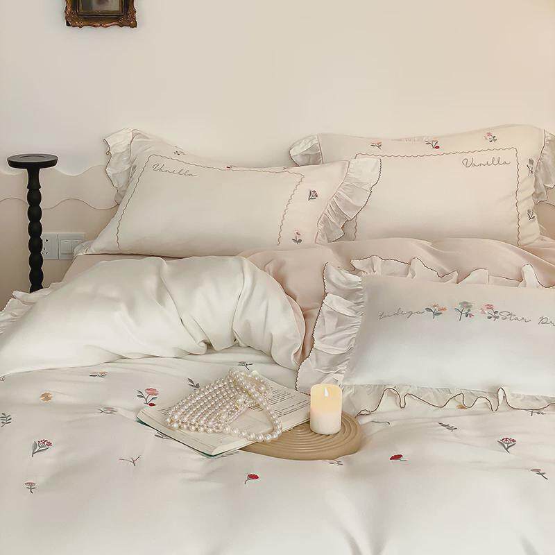 86m0春夏季80双面支兰精天丝四件套刺绣荷叶边被套凉感丝滑床上用