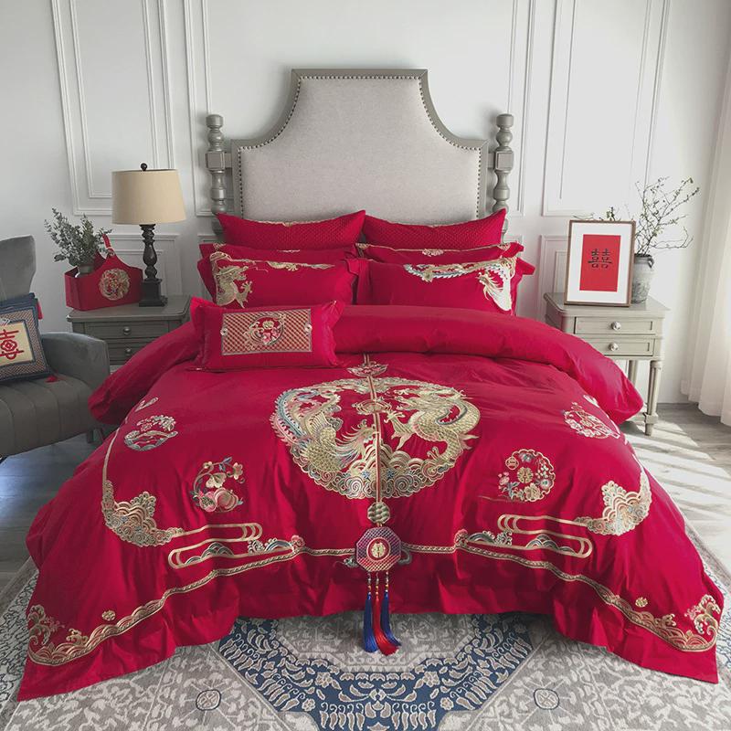婚庆喜狐家纺九套件床上用品四件套红色喜被龙凤刺绣备婚恭贺新禧