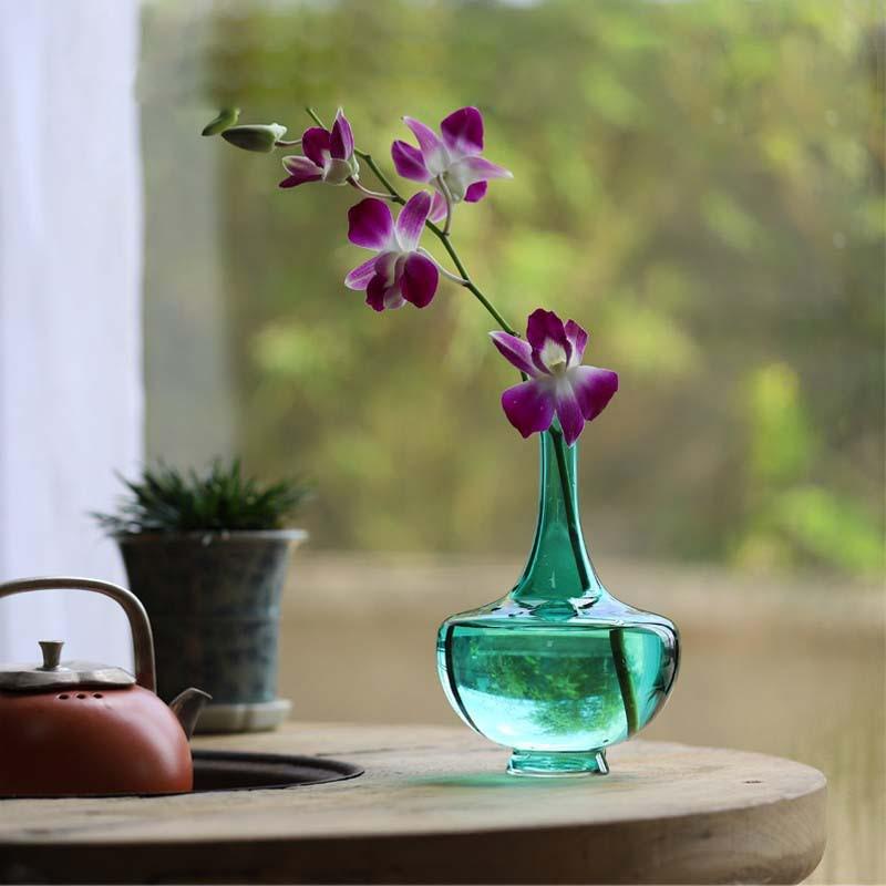 翡翠绿玻璃花瓶茶道花插中式水培花器家居装饰简约小清新