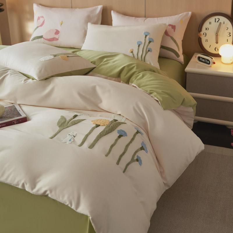 秋冬新品100s全棉磨毛四件套女孩加厚纯棉刺绣被套床上用品绿粉色