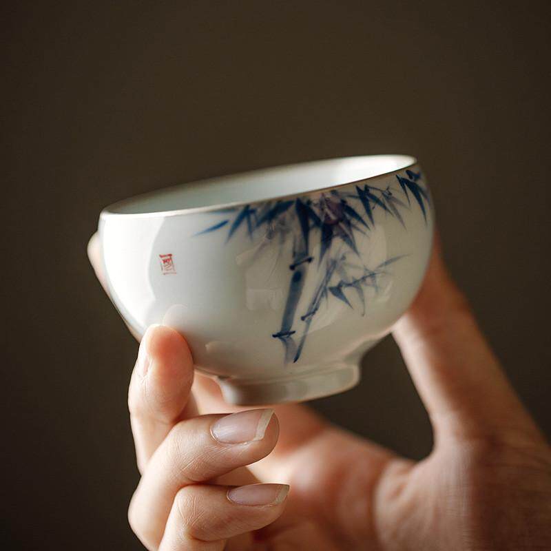 青花描主人杯大号茶杯功夫茶具品茗杯子手绘银重工粉彩