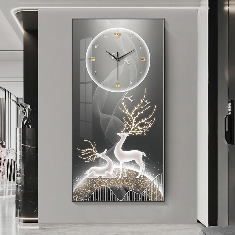 玄关钟表装饰画现代简约麋鹿壁画客厅走廊挂画竖版过道时钟晶瓷画