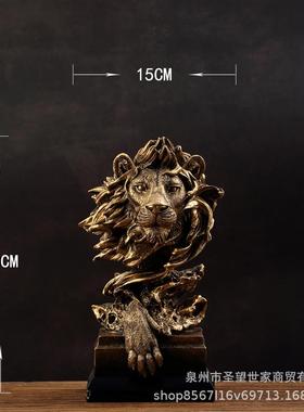 美式仿铜狮子酒柜复古动物树脂工艺品摆件玄关办公室头像软装装饰