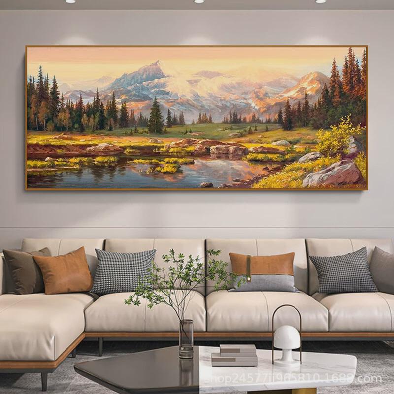 纯手绘肌理沙发背景墙装饰画山水画客厅风景画欧式油画聚宝盆壁画