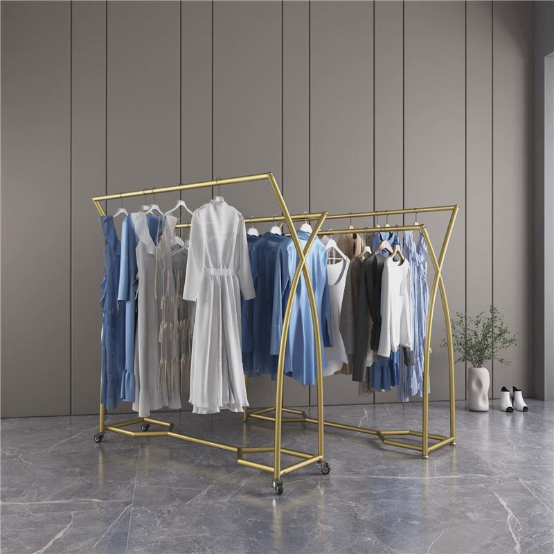 服装店双杆中岛展示架女装店中间货架移动带轮展会双排挂衣服架子