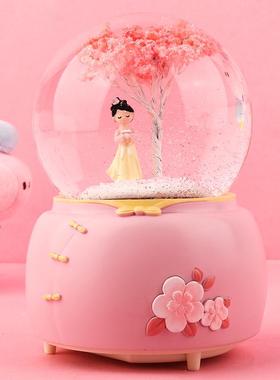古风汉服女孩水晶球音乐盒旋转发光送少女心生日情人礼物树脂摆件