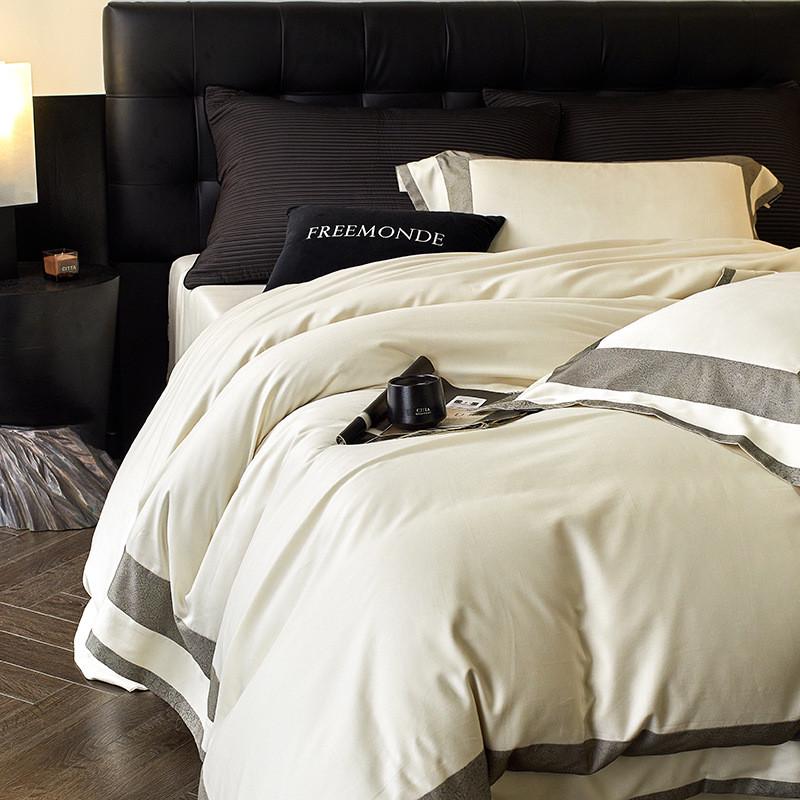 高档天丝棉磨毛床单双拼数码印花纯棉四件套加厚被套纯色床上用品