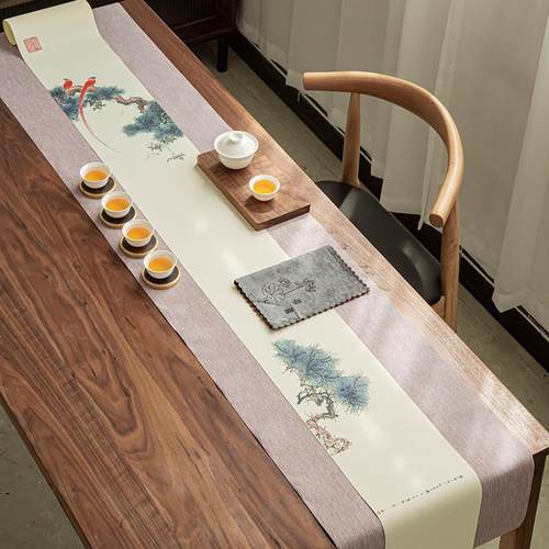 中式桌旗桌旗彩绘防水禅意套装棉麻桌布台湾茶旗茶垫茶几布香道席