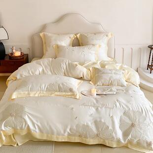 9v7t春夏季凉感80支兰精天丝四件套被套花卉刺绣丝滑裸睡复古床上