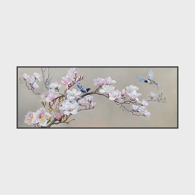 玉兰花纯手绘油画客厅沙发背景墙装饰画挂画花鸟新中式横版大芬村