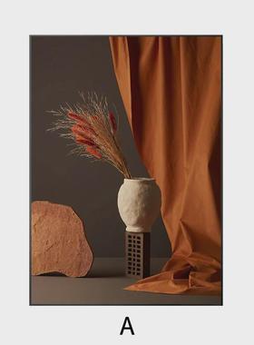 现代橙色客厅玄关装饰画轻奢唯美静物艺术花瓶背景墙壁竖版挂画