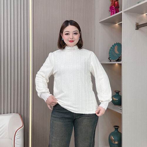 半高领保暖加绒蕾丝打底衫女秋冬装新款大码胖mm显瘦时尚内搭